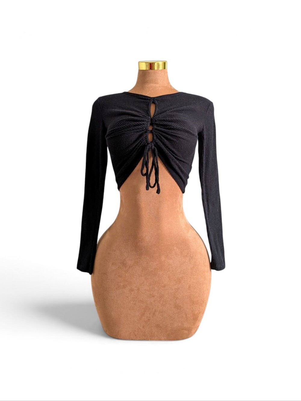 Wild Fable Black Ribbed Ruched Tie-Front Long-Sleeve Crop Top